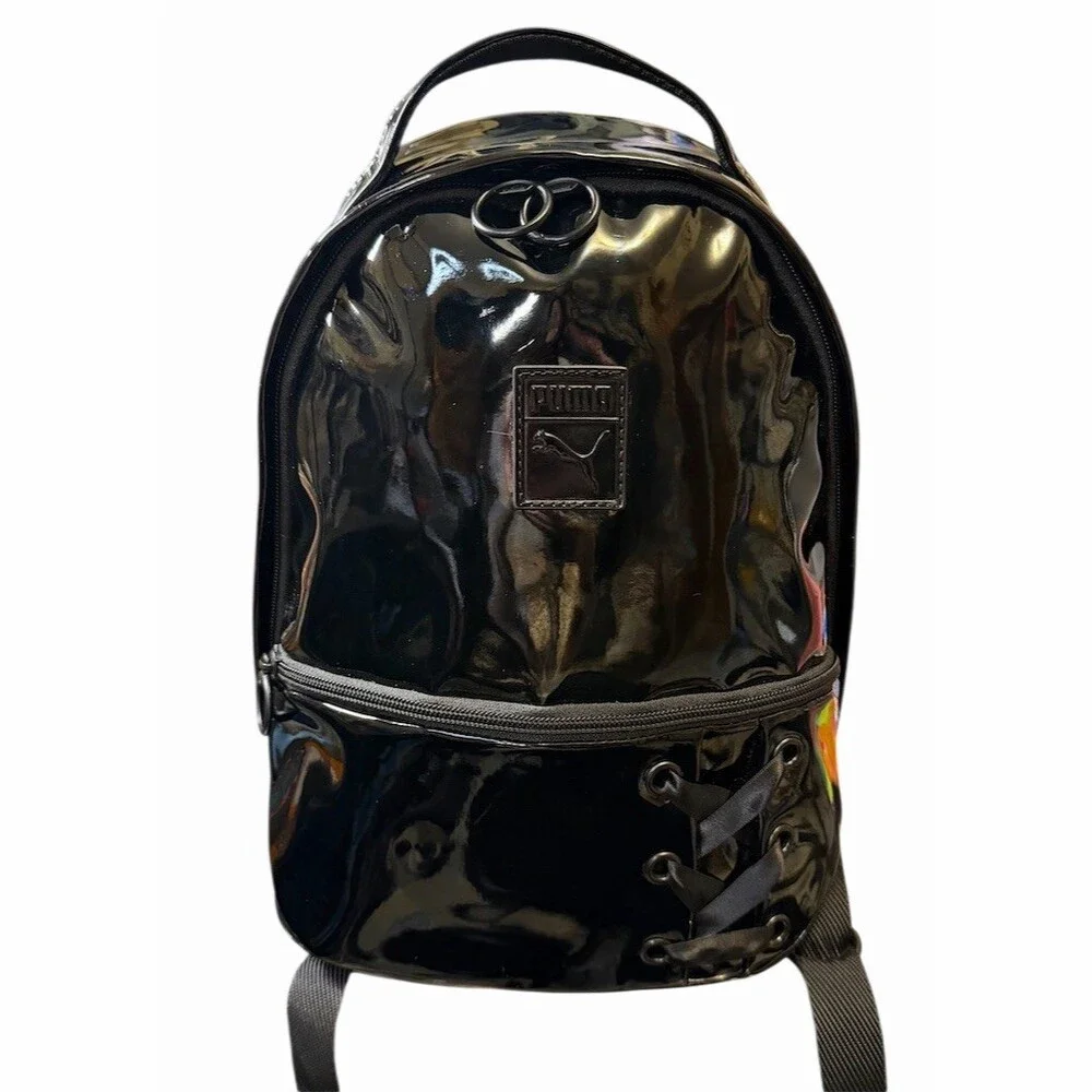 Puma Prime Archive Crush Glossy Patent Black Lace-Up Front Pocket Backpack